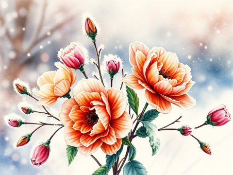 Delicate Watercolor Bouquet of Orange and Pink Flowers