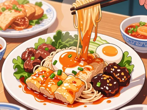 Delicious Asian Noodle Dish with Tofu and Egg in Anime Style