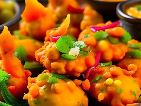 Delicious Mixed Vegetable Pakoras Garnished with Fresh Herbs