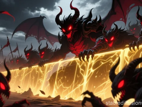 Demonic Army Charging Over Fiery Barrier