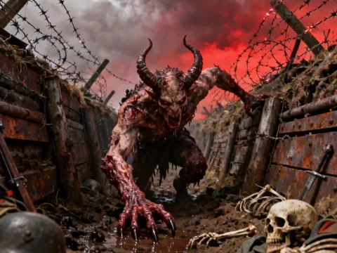 Demonic Creature Crawling Through War Trench