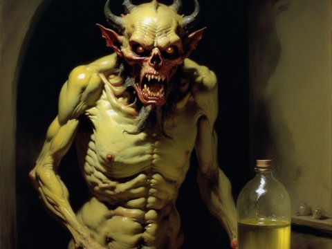 Demonic Creature in Dimly Lit Room with Potion Bottle