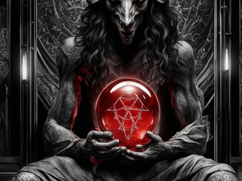 Demonic Horned Entity Holding a Glowing Red Orb