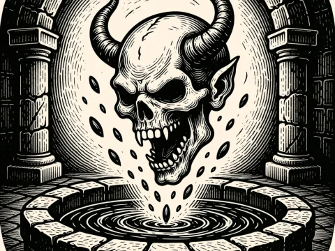 Demonic Skull Emerging from a Stone Well