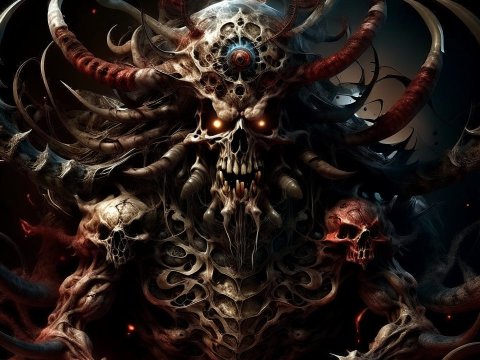 Demonic Skull Entity with Glowing Eyes and Horns