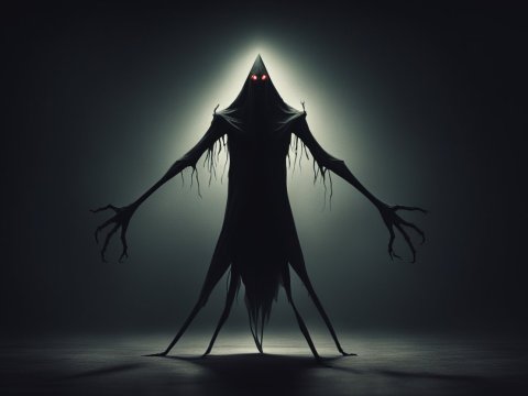 Demonic Triangular Shadow with Glowing Red Eyes