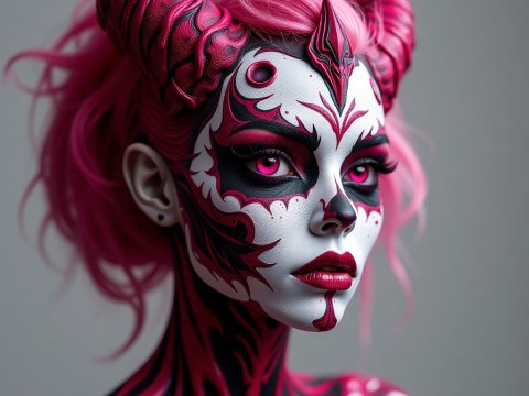 Demonic Woman with Intricate Pink and Black Face Paint