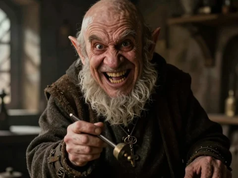 Deranged Dwarf Innkeeper with Mischievous Grin