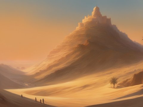 Desert Fortress on a Dune-Like Landscape at Sunset