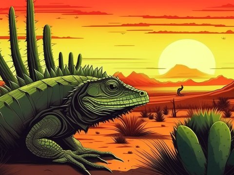 Desert Iguana at Sunset in Stylized Illustration