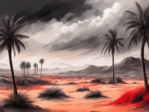 Desert Landscape with Palm Trees under Dramatic Sky