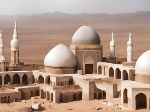 Desert Mosque with White Domes and Minarets