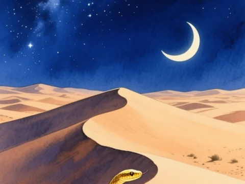 Desert Night with Golden Snake under Crescent Moon
