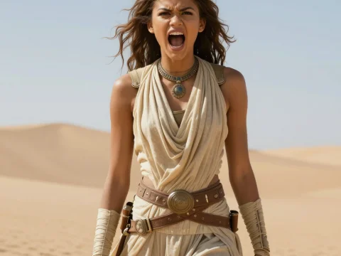 Desert Warrior Shouting in Sand Dunes