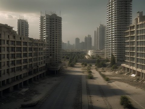 Deserted Urban Landscape with Abandoned High-Rise Buildings