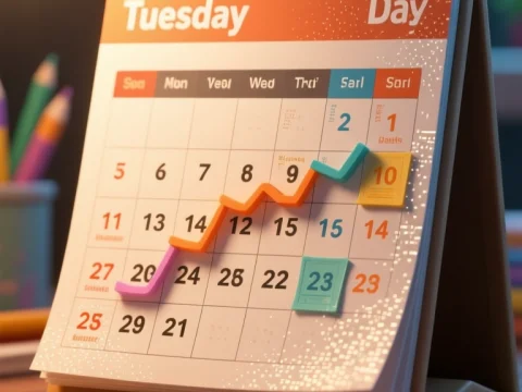 Desk Calendar Showing Tuesday Workday Schedule with Growth Chart