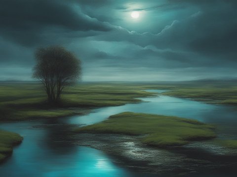 Desolate Flooded Landscape Under Moonlight