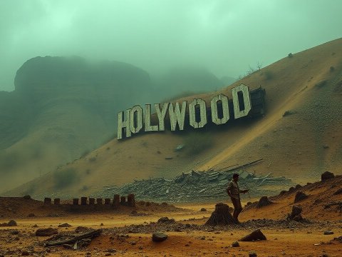 Desolate Hollywood Sign in a Foggy, Barren Landscape