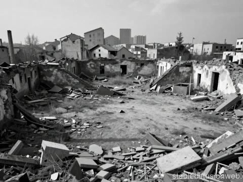 Desolate Ruins of Collapsed Buildings in Urban Area