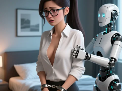 Desperate Woman Handcuffed by Robot in Modern Bedroom