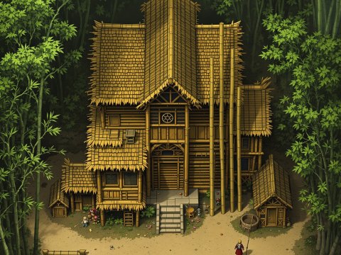 Detailed Bamboo House in Lush Forest Clearing