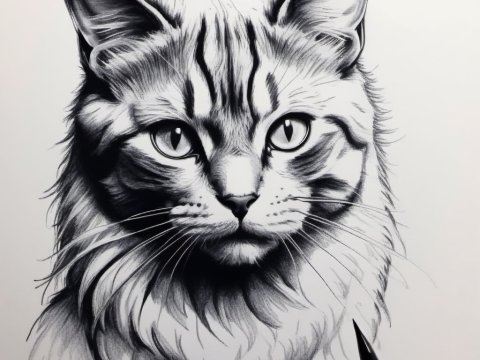 Detailed Black and White Cat Portrait Drawing