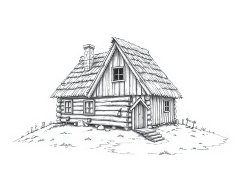 Detailed Black and White Drawing of a Viking House