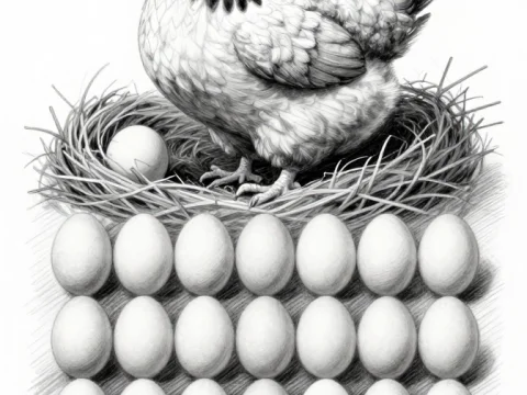 Detailed Black and White Illustration of Hen with 25 Eggs