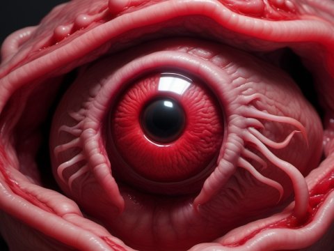 Detailed Close-Up of a Red Alien Eye with Organic Textures