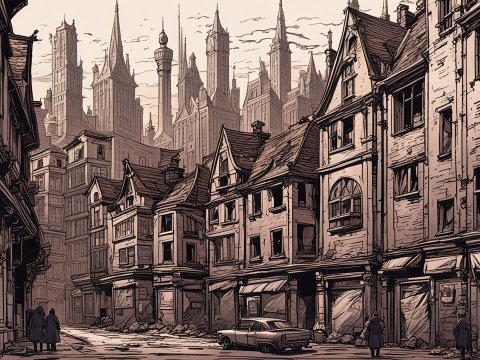 Detailed Comic-Style Illustration of a Gothic City Street