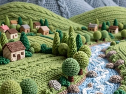 Detailed Crocheted Landscape with Mountains and River