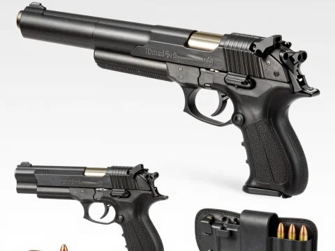 Detailed Desert Tyrant Pistol with Ammunition and Holster