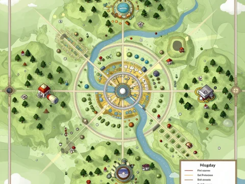 Detailed Fantasy City Map with Circular Layout and River