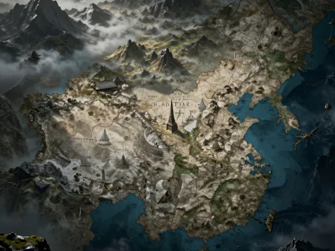 Detailed Fantasy Map with Mountains and Coastal Regions