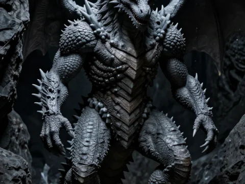Detailed Grey Dragon Monster in Dark Cave