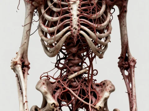 Detailed Human Skeleton with Tangled Flesh and Vessels