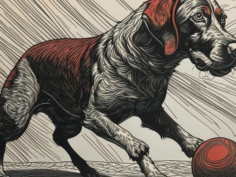 Detailed Illustration of a Dog Playing with a Ball