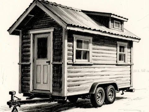 Detailed Ink Sketch of a Tiny House on Wheels