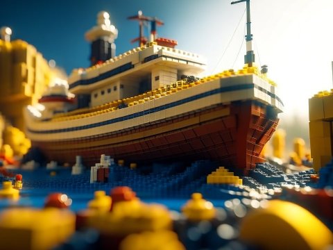 Detailed Lego Ship in a Vibrant Harbor Scene
