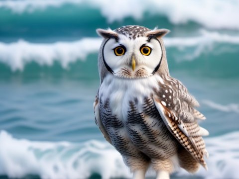 Detailed Owl Perched by Ocean Waves