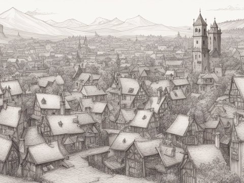 Detailed Pencil Sketch of a Medieval Town