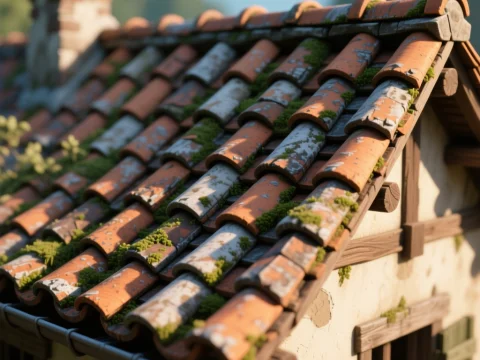 Detailed Rustic Roof Tiles with Moss and Weathering
