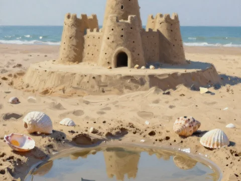 Detailed Sandcastle on Beach with Reflective Pool and Seashells