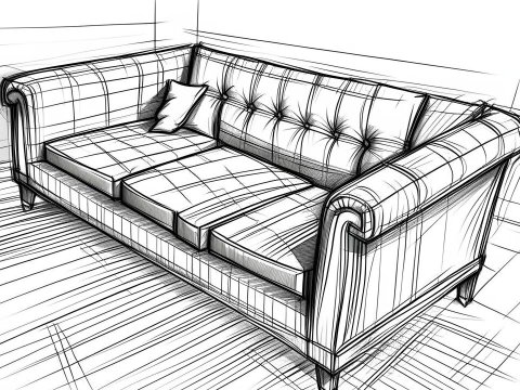 Detailed Sketch of a Classic Sofa in a Room Corner
