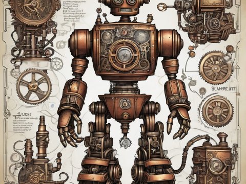 Detailed Steampunk Robot Blueprint