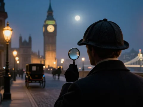 Detective at Baker Street Twilight with Big Ben in Background
