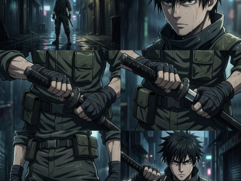 Determined Anime Warrior in Rainy Urban Alley