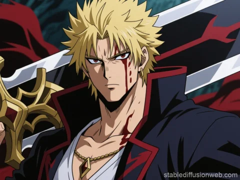 Determined Anime Warrior with Blood Streaks