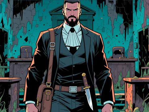 Determined Lawyer in a Ruined Courtroom