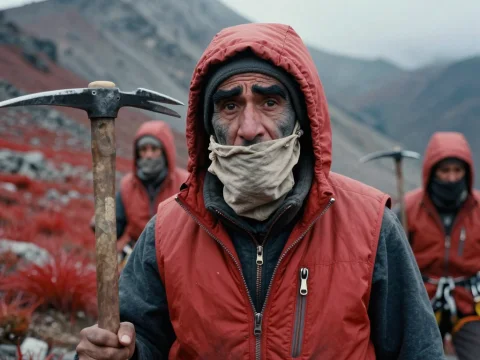 Determined Mountaineer in Red Vest Holding Ice Axe
